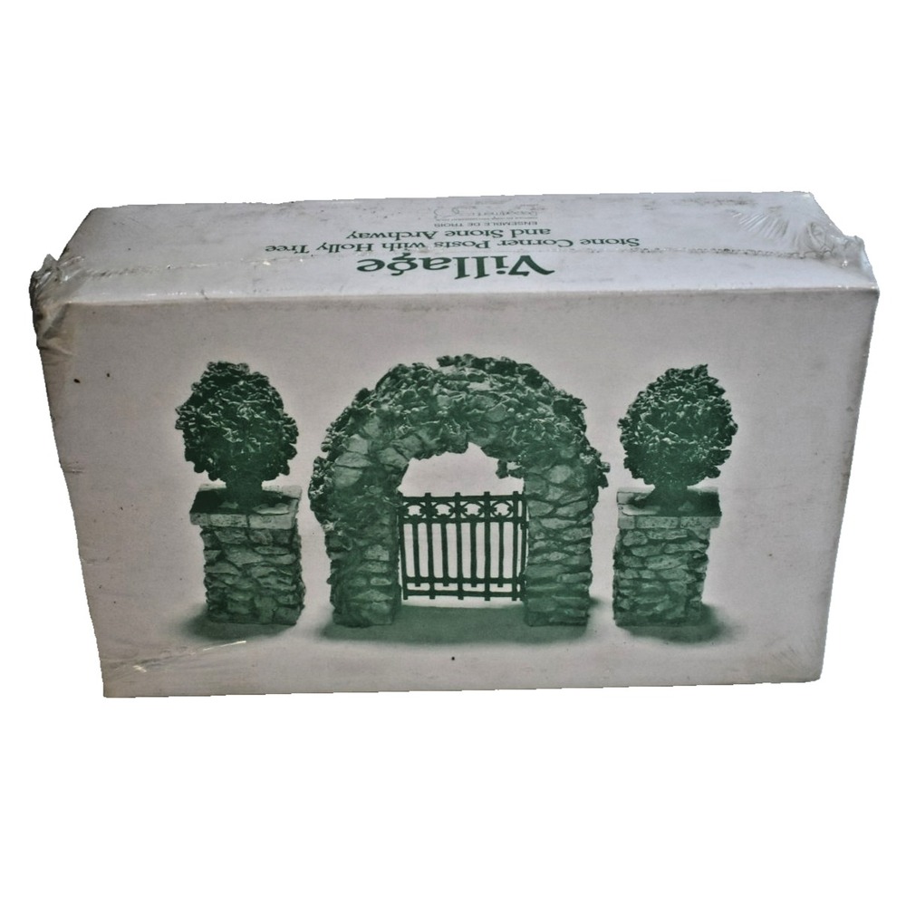 Dept 56 Village Stone Corner Posts with Holly Tree and Stone Archway #52648